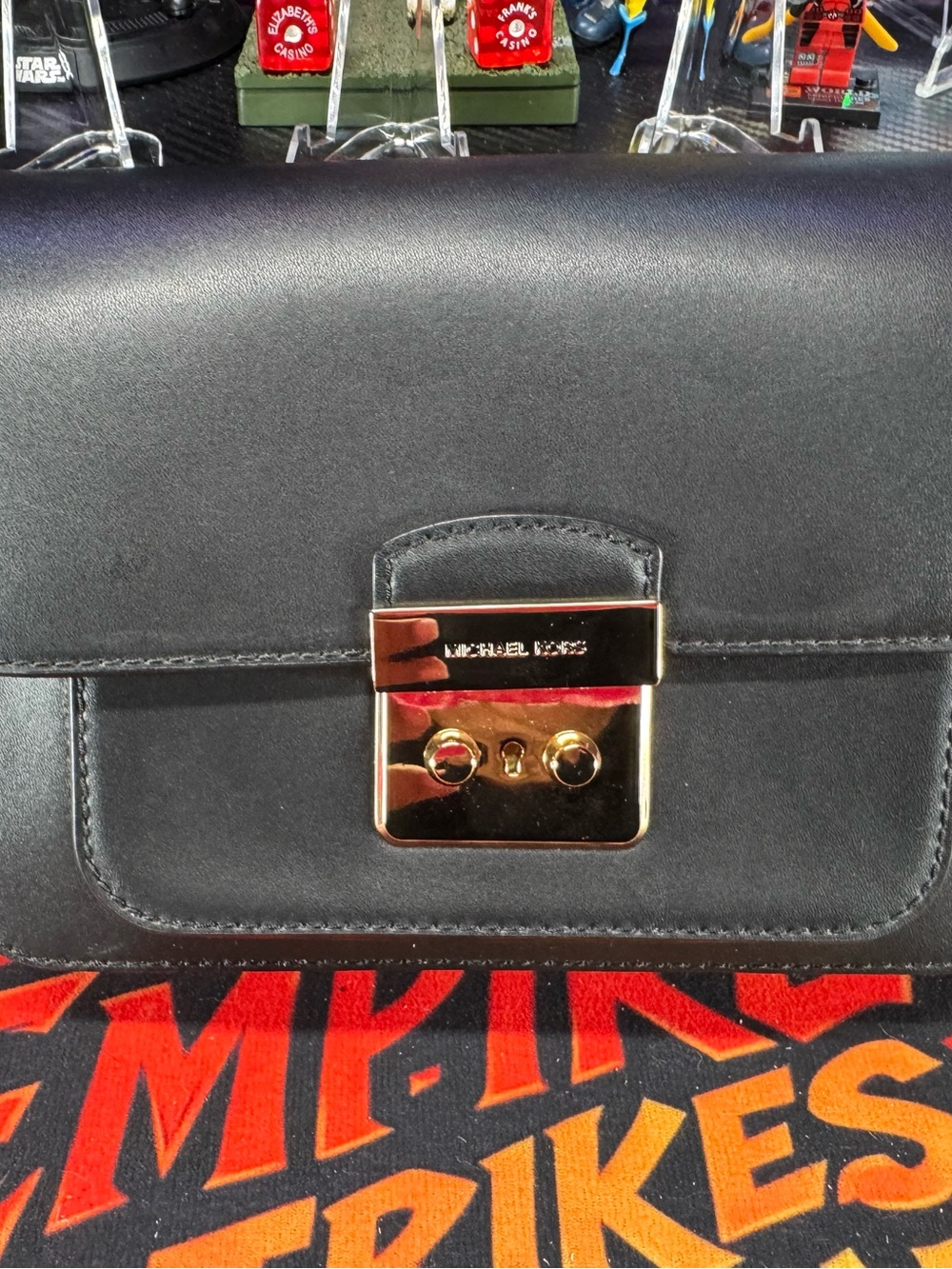 Michael Kors Black Leather Shoulder Bag with Gold-Tone Lock